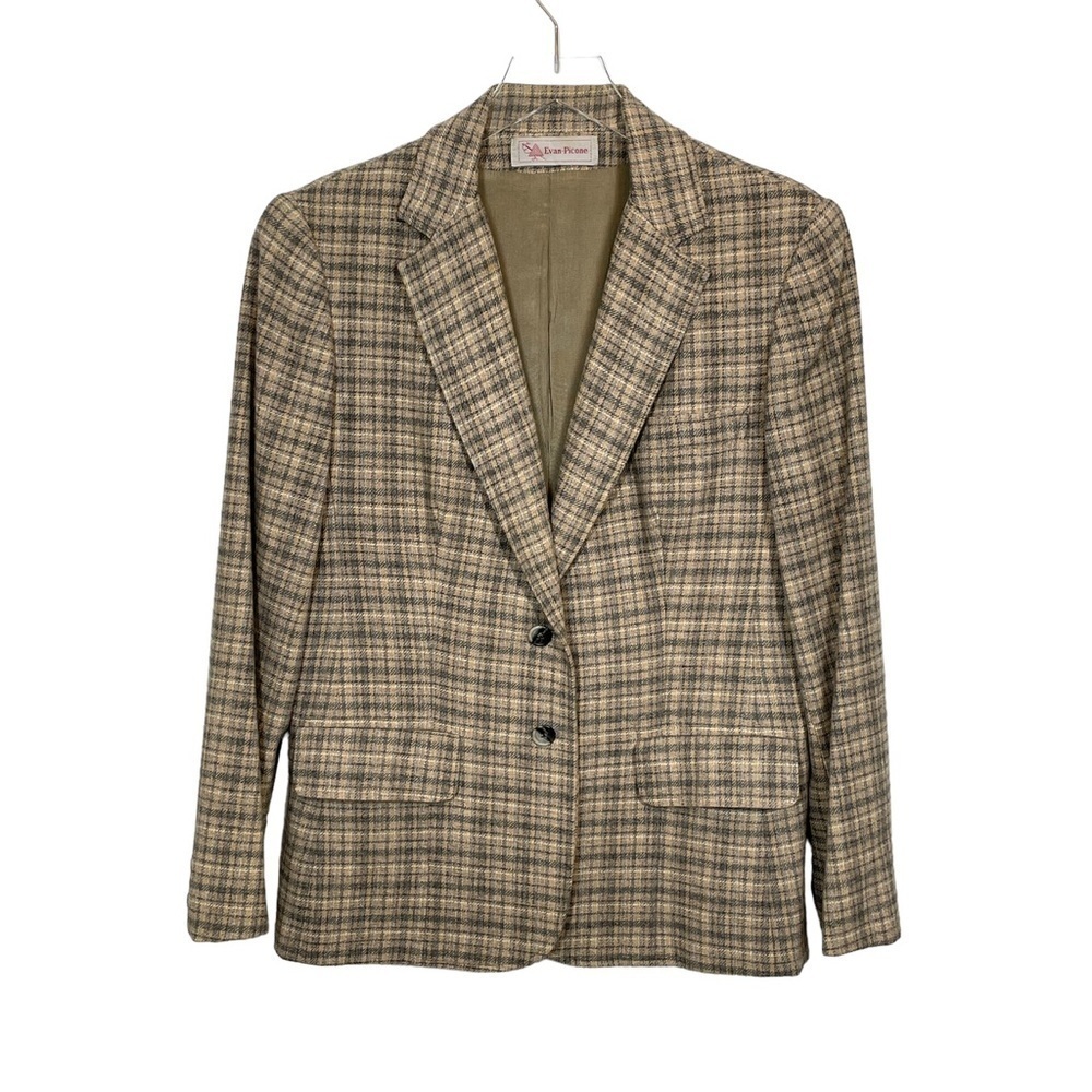 Vintage Evan Picone Plaid 100% Wool Blazer Fully Lined Grey/Beige/Taupe Size 14